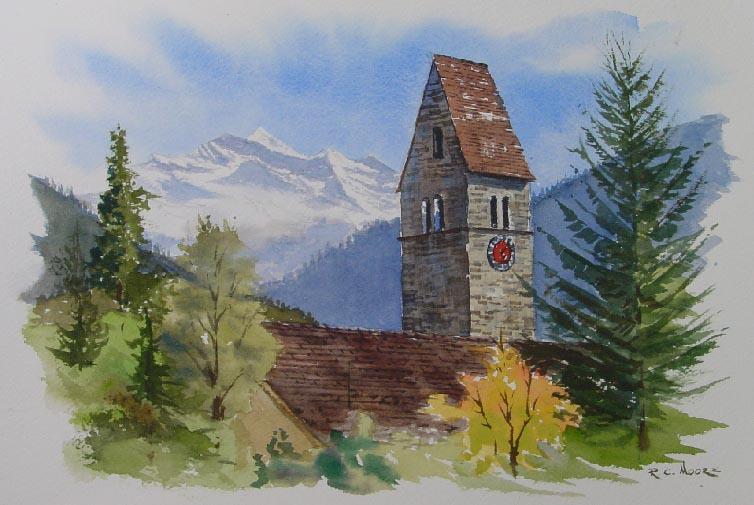 Watercolor Painting of Parish Church, Unterseen Switzerland