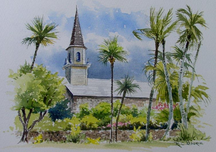 Watercolor Painting of the Congregational Church, Kailua Kona, Hawaii