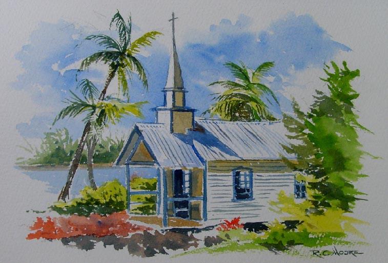 Watercolor Painting of Roadside chapel, Hawaii