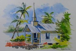 Watercolor Painting of Roadside Chapel, Hawaii By Richard C Moore