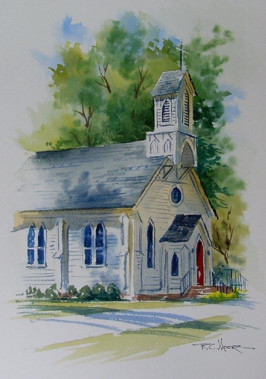 Watercolor Painting of a Connunity Church in Surrey Virginia