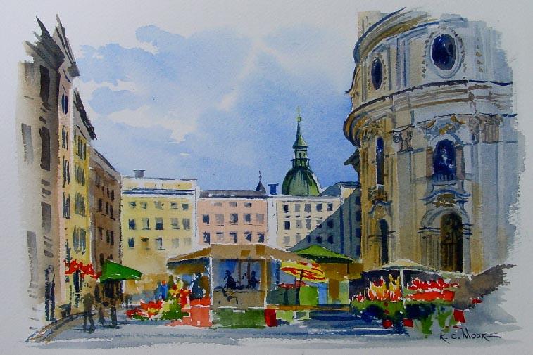 Watercolor Painting of the Plaza and University Church, Salzburg Austria