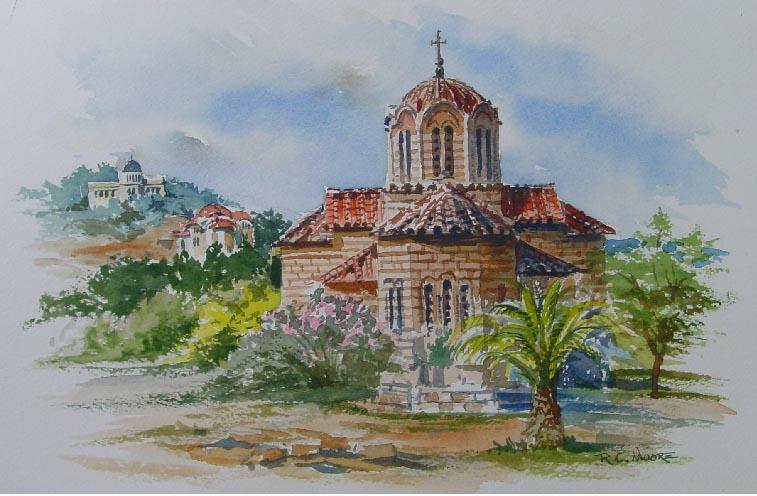 Watercolor Painting of Hagia Apostoli of Solaris Church - Athens, Greece