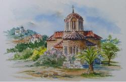 Watercolor Painting of Hagia Apostoli of Solaris Church, Athens Greece