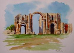 Watercolor Painting of Hadrian's Arch in Jerash, Jordan