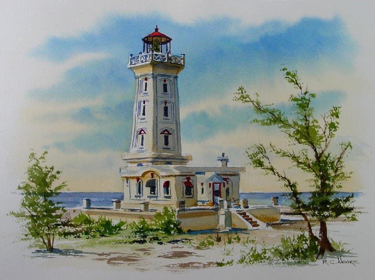 Watercolor Painting of Point Abino Lighthouse on Lake Erie, Canada