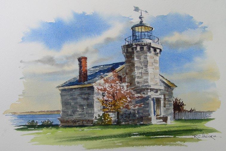 Watercolor Painting of a Lighthouse in Stonington Village, Connecticut by Richard Moore
