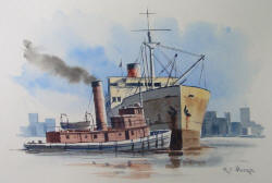 Tug Circa on the Delaware River - Watercolor Painting by Richard Moore
