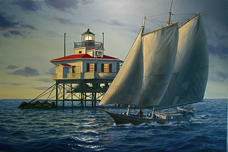 Schooner sailing by Choptank Lighthouse. 