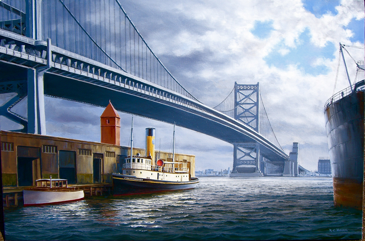 Philadelphia City tug John Wanamaker under Delaware River Bridge    