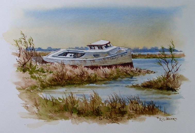 Watercolor Painting Abandoned Boat by Richard C Moore