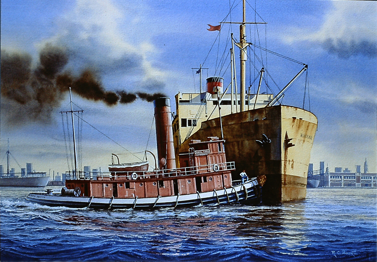 Tug Cicra on the Delaware River, Philadelphia Pennsylvania - Watercolor Richard Moore